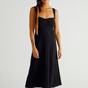 🖤 Free People Black Ribbed Knit Midi Dress with Bustier Detail and Wide Straps